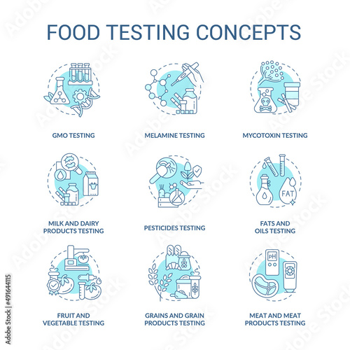 Food testing turquoise concept icons set. Performing experiments for analysis idea thin line color illustrations. Isolated symbols. Editable stroke. Roboto-Medium, Myriad Pro-Bold fonts used
