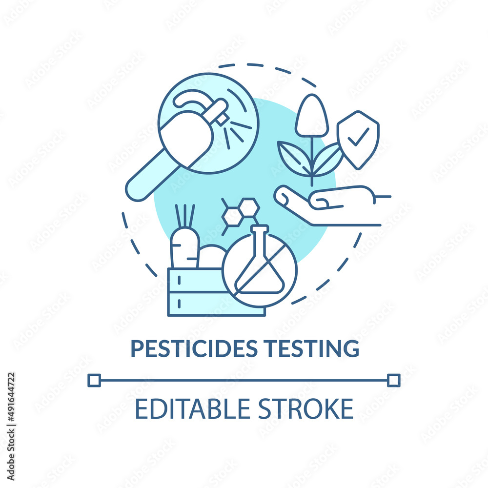 Fototapeta premium Pesticides testing turquoise concept icon. Food testing service abstract idea thin line illustration. Toxic substances. Isolated outline drawing. Editable stroke. Arial, Myriad Pro-Bold fonts used