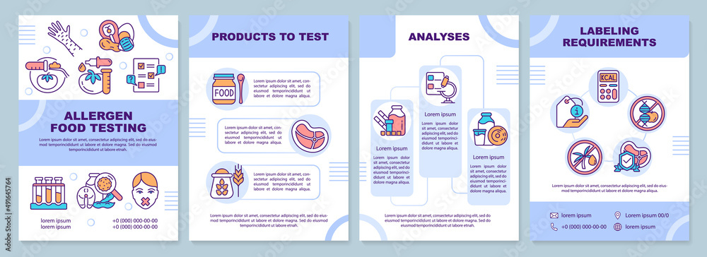 Allergen food testing blue brochure template. Products to test. Leaflet ...