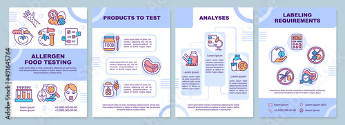 Allergen food testing blue brochure template. Products to test. Leaflet design with linear icons. 4 vector layouts for presentation, annual reports. Arial-Black, Myriad Pro-Regular fonts used