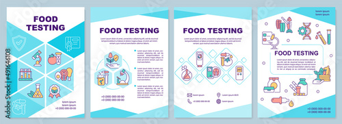 Food testing turquoise brochure template. Food assessment. Leaflet design with linear icons. 4 vector layouts for presentation, annual reports. Arial-Black, Myriad Pro-Regular fonts used