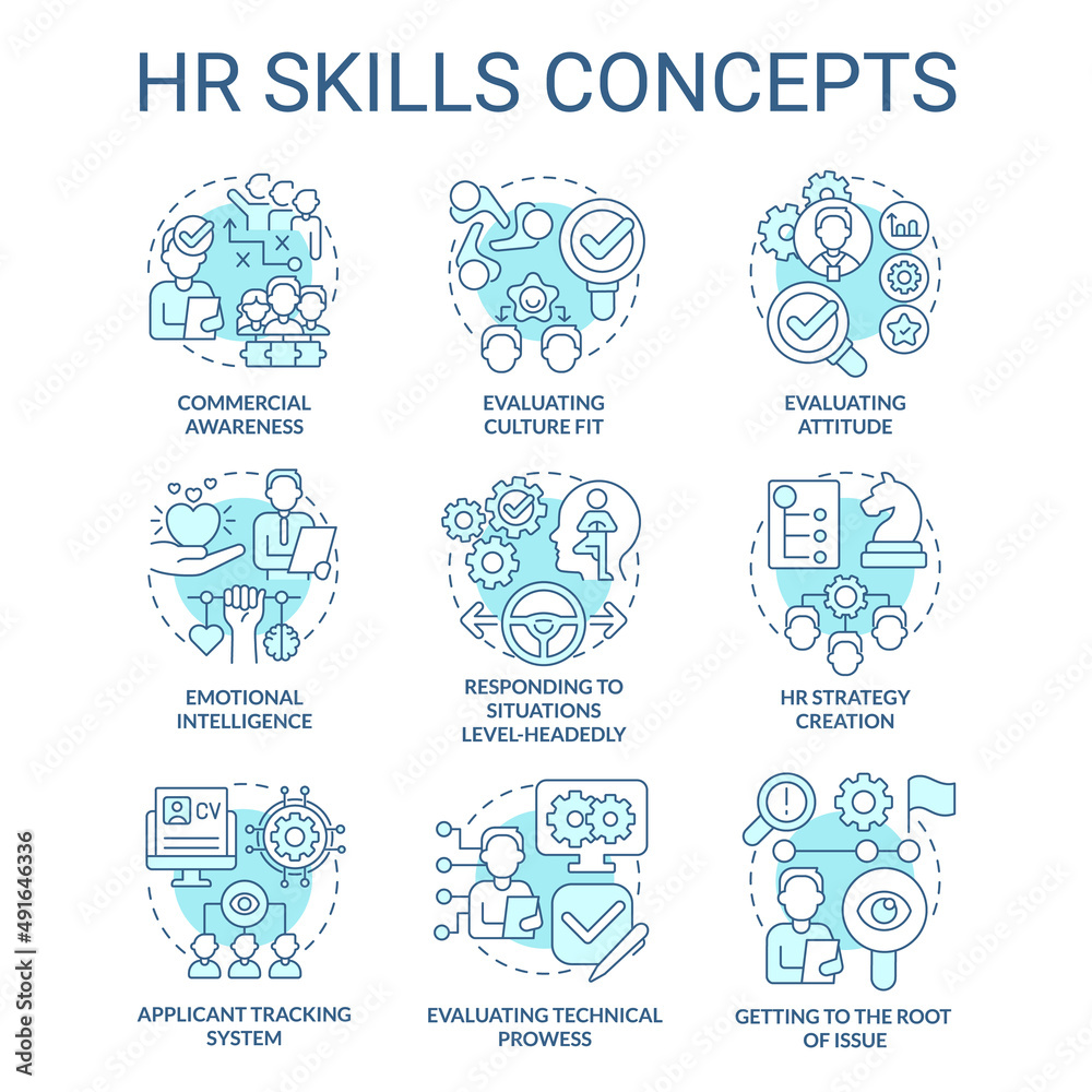 HR skills turquoise concept icons set. Human resources involving. Business and career idea thin line color illustrations. Isolated symbols. Editable stroke. Roboto-Medium, Myriad Pro-Bold fonts used