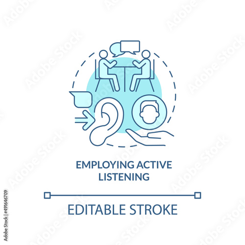 Employing active listening turquoise concept icon. Knowing worker problem. HR skills abstract idea thin line illustration. Isolated outline drawing. Editable stroke. Arial, Myriad Pro-Bold fonts used