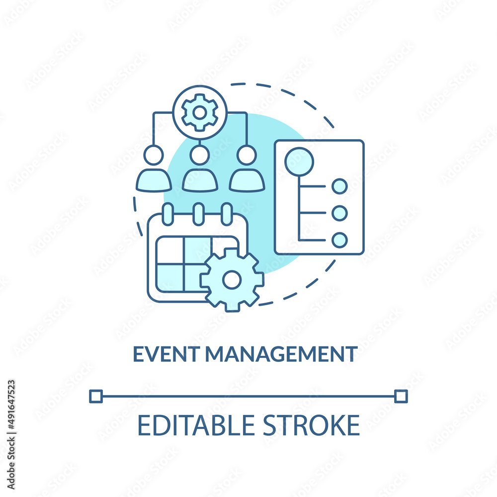 Event management turquoise concept icon. Business planning work. HR organizing skills abstract idea thin line illustration. Isolated outline drawing. Editable stroke. Arial, Myriad Pro-Bold fonts used