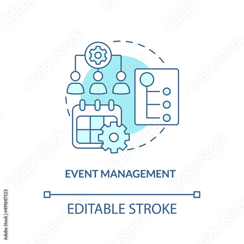 Event management turquoise concept icon. Business planning work. HR organizing skills abstract idea thin line illustration. Isolated outline drawing. Editable stroke. Arial, Myriad Pro-Bold fonts used