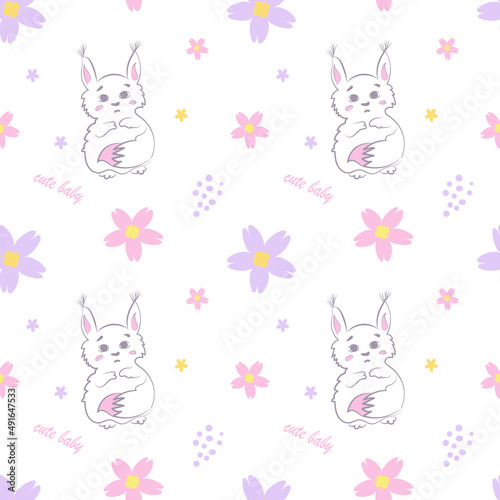 Seamless pattern in pastel colors with cute squirrels, flowers and inscriptions cute baby on a white background. Vector design for baby products, diapers, clothes, textiles, wrapping paper, prints.