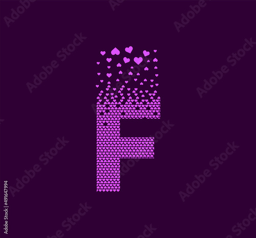 Heart letter F animated pixel dot logo. Capital letter pixel up. Hearts are filled with the letter F. Complementary and integrative pixel movement. Modern heart connect the dots.