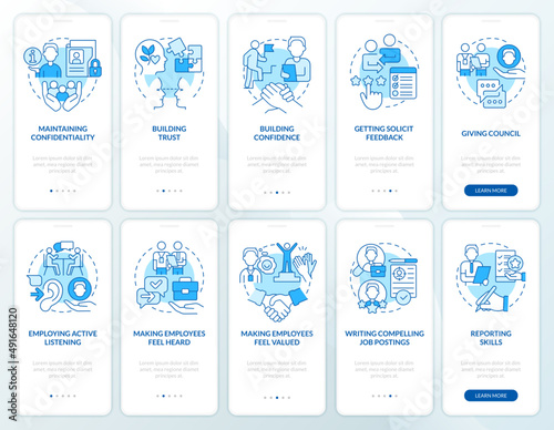 HR skills blue onboarding mobile app screen set. Employment walkthrough 5 steps graphic instructions pages with linear concepts. UI, UX, GUI template. Myriad Pro-Bold, Regular fonts used