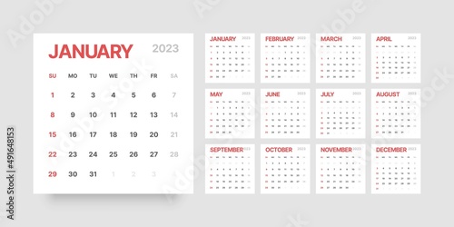 Monthly calendar template for 2023 year. Desktop calender in the style of minimalist square shape. Week Starts on Sunday. 