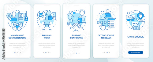 HR communicative skills blue onboarding mobile app screen. Business walkthrough 5 steps graphic instructions pages with linear concepts. UI, UX, GUI template. Myriad Pro-Bold, Regular fonts used