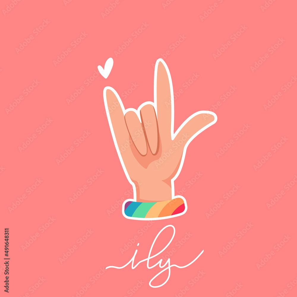 Rainbow LGBT raised I Love You Symbol Hand with ily hand written lettering. Vector card for Valentine’s day with heart. Hand with rainbow bracelet. Rainbow LGBT raised I Love You Symbol Hand with ily hand written lettering. Vector card for Valentine’s day with heart. Hand with rainbow bracelet.
