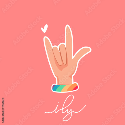 Rainbow LGBT raised I Love You  Symbol Hand with ily hand written lettering. Vector card for Valentine’s day with heart. Hand with rainbow bracelet.