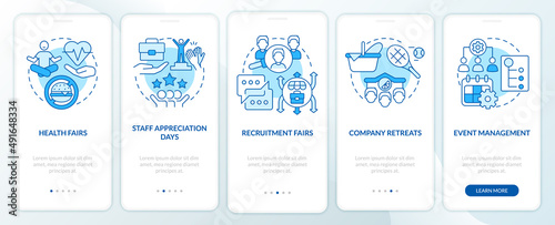HR organizing skills blue onboarding mobile app screen. Corporate walkthrough 5 steps graphic instructions pages with linear concepts. UI, UX, GUI template. Myriad Pro-Bold, Regular fonts used © bsd studio