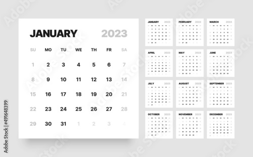 Monthly calendar template for 2023 year. Desktop calendar in the style of minimalist square shape. Week Starts on Sunday. 