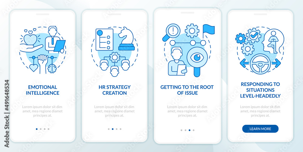 HR soft skills blue onboarding mobile app screen. Hiring work walkthrough 4 steps graphic instructions pages with linear concepts. UI, UX, GUI template. Myriad Pro-Bold, Regular fonts used
