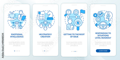 HR soft skills blue onboarding mobile app screen. Hiring work walkthrough 4 steps graphic instructions pages with linear concepts. UI, UX, GUI template. Myriad Pro-Bold, Regular fonts used