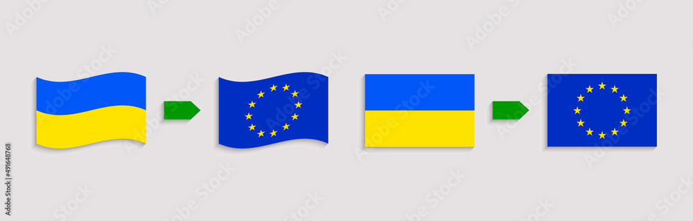 Ukraine and European Union flags vector illustration. Ukrainian and EU official flags symbols. Association agreement between the European Union and Ukraine concept.