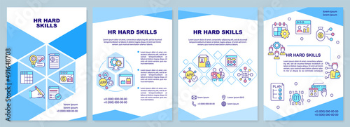 HR hard skills blue brochure template. Business and hiring. Leaflet design with linear icons. 4 vector layouts for presentation, annual reports. Arial-Black, Myriad Pro-Regular fonts used