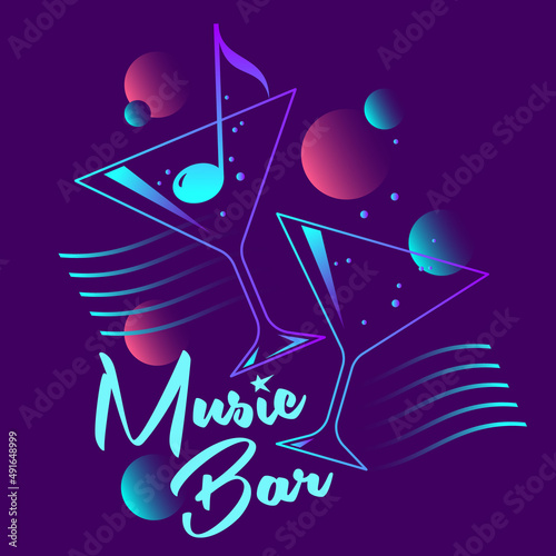 Music bar logo. Glasses with a cocktail. Olive fruit as a musical note in a cocktail glass.