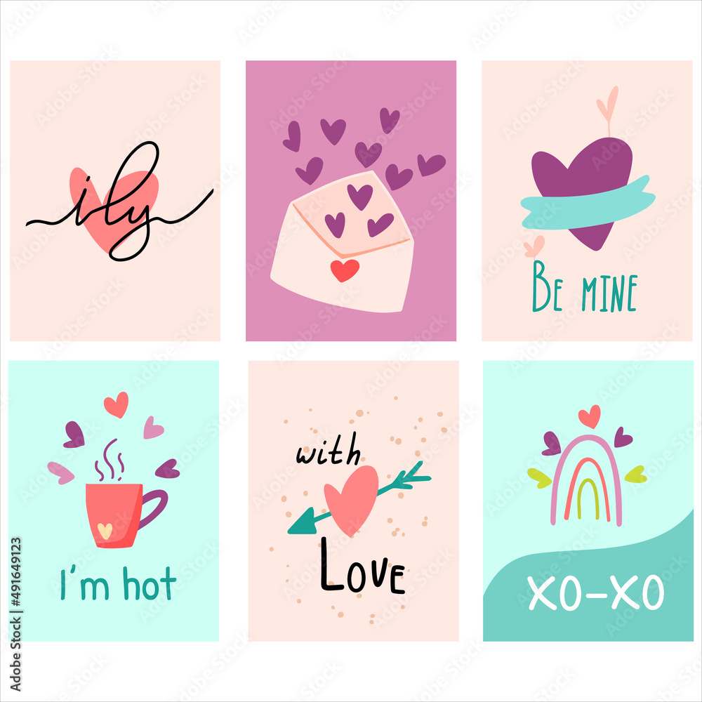 Vector set of modern Love cards for valentines day. Perfect for Valentines day card, invitation, gifts, web. Vector Illustration design. Purple, red hearts with arrows, rainbow and lettering.