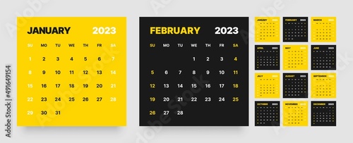 Monthly calendar template for 2023 year. Desktop calendar in the style of minimalist square shape. Week Starts on Sunday. 