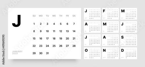 Monthly calendar template for 2023 year. Wall calendar in a minimalist style. Week Starts on Sunday.