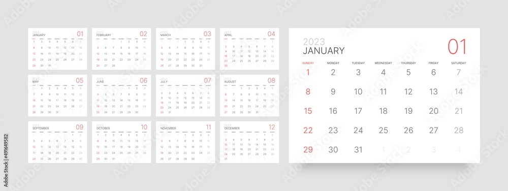 Monthly calendar template for 2023 year. Wall calendar in a minimalist style. Week Starts on Sunday.