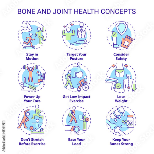 Bone and joint health concept icons set. Healthy lifestyle choices idea thin line color illustrations. Stay in motion. Isolated symbols. Editable stroke. Roboto-Medium, Myriad Pro-Bold fonts used