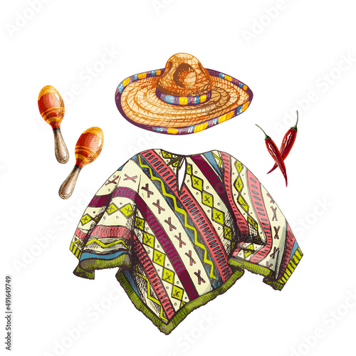 Fotografia 82_sombrero_straw hat, sombrero, chili peppers, maracas, poncho with a pattern,