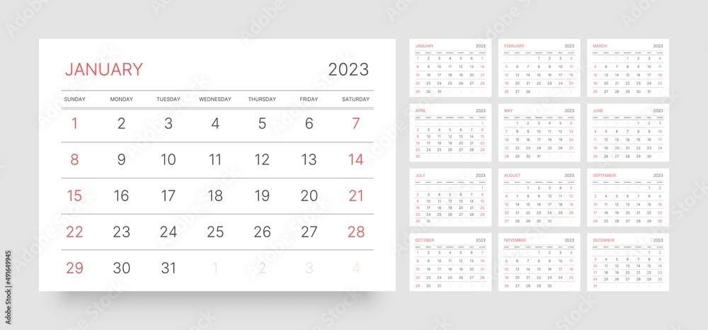 Monthly calendar template for 2023 year. Wall calendar in a minimalist style. Week Starts on Sunday. Monthly calendar template for 2023 year. Wall calendar in a minimalist style. Week Starts on Sunday.