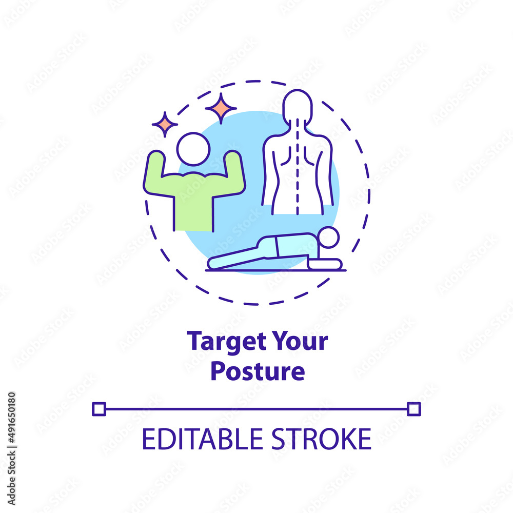 Target your posture concept icon. Advice for healthy joints abstract idea thin line illustration. Reducing spinal pain. Isolated outline drawing. Editable stroke. Arial, Myriad Pro-Bold fonts used Target your posture concept icon. Advice for healthy joints abstract idea thin line illustration. Reducing spinal pain. Isolated outline drawing. Editable stroke. Arial, Myriad Pro-Bold fonts used