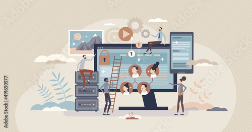 Data processing, sorting and cleansing cloud server tiny person concept. Manual or automatic computer data system optimization with old files deleting and logic folder arrangement vector illustration.