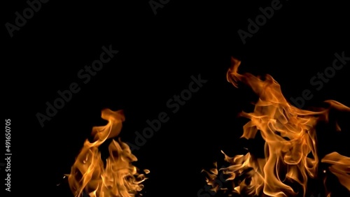 Beautiful bright fiery flame in slow motion. Colorful growing bonfire.