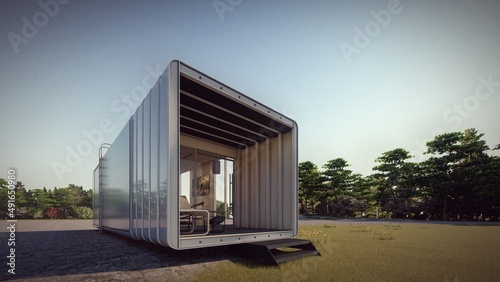 front elevation of modern house in the field 3d rendering
