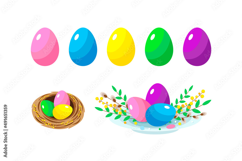 Easter set of colorful eggs,nest and plate with easter eggs,willow twigs,mimosas and green sprigs.