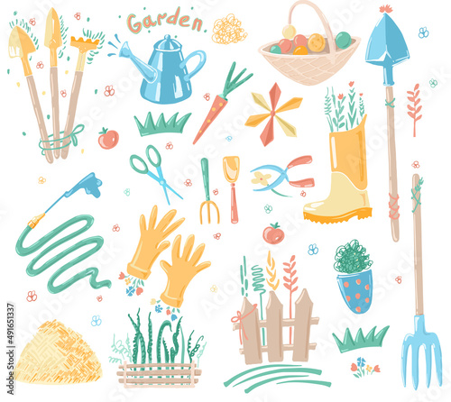 Vector garden pattern: tools for plants (shovels, rakes, pitchforks), gardening gloves, watering can, fruit basket, hay, water hose, scissors, fence with plants, basket with onions, rubber boot.