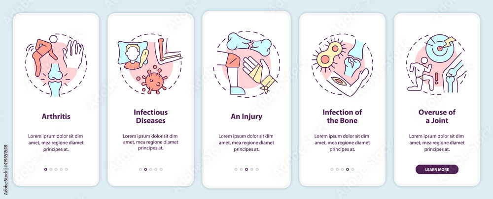 Joint disorders causes onboarding mobile app screen. Bone infection walkthrough 5 steps graphic instructions pages with linear concepts. UI, UX, GUI template. Myriad Pro-Bold, Regular fonts used Joint disorders causes onboarding mobile app screen. Bone infection walkthrough 5 steps graphic instructions pages with linear concepts. UI, UX, GUI template. Myriad Pro-Bold, Regular fonts used