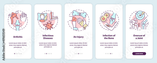 Joint disorders causes onboarding mobile app screen. Bone infection walkthrough 5 steps graphic instructions pages with linear concepts. UI, UX, GUI template. Myriad Pro-Bold, Regular fonts used