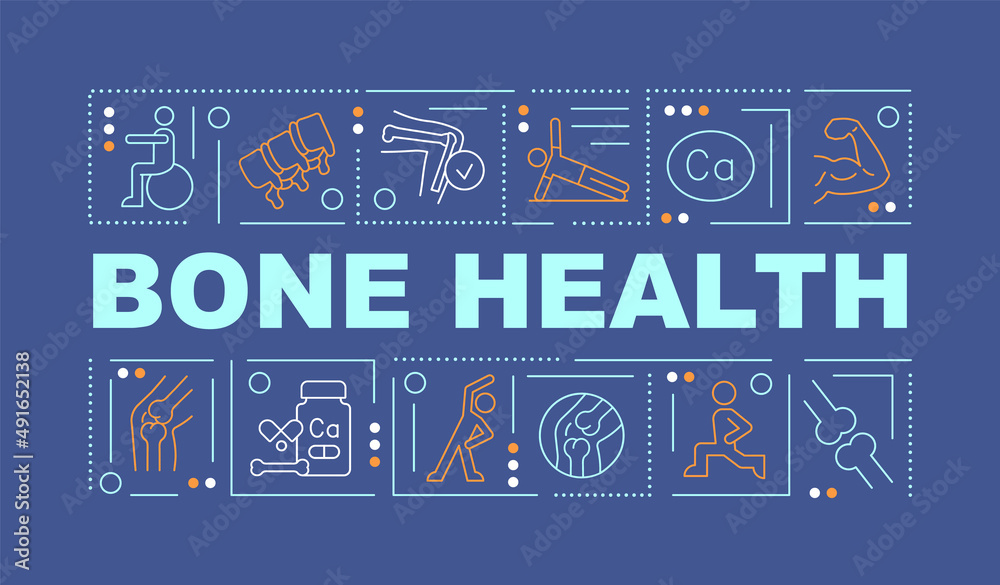 Maintaining bone health word concepts dark blue banner. Osteoporosis prevention. Infographics with icons on color background. Isolated typography. Vector illustration with text. Arial-Black font used Maintaining bone health word concepts dark blue banner. Osteoporosis prevention. Infographics with icons on color background. Isolated typography. Vector illustration with text. Arial-Black font used