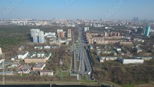 A drone flies over Moscow. Top view of the city.