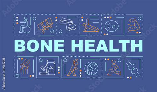 Maintaining bone health word concepts dark blue banner. Osteoporosis prevention. Infographics with icons on color background. Isolated typography. Vector illustration with text. Arial-Black font used