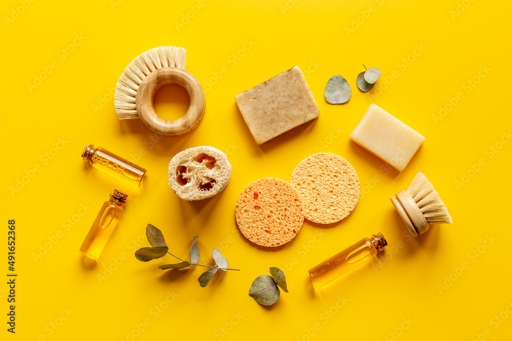 Spa cosmetic products with shower sponge and pumice. Top view flatlay - obrazy, fototapety, plakaty 