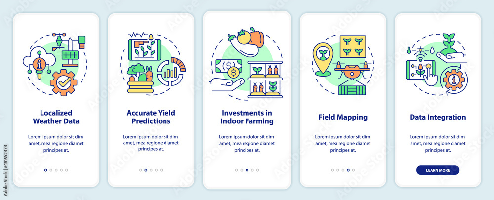 Current farming trends onboarding mobile app screen. Industry walkthrough 5 steps graphic instructions pages with linear concepts. UI, UX, GUI template. Myriad Pro-Bold, Regular fonts used