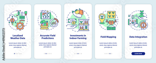 Current farming trends onboarding mobile app screen. Industry walkthrough 5 steps graphic instructions pages with linear concepts. UI  UX  GUI template. Myriad Pro-Bold  Regular fonts used