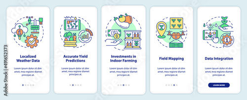 Current farming trends onboarding mobile app screen. Industry walkthrough 5 steps graphic instructions pages with linear concepts. UI, UX, GUI template. Myriad Pro-Bold, Regular fonts used