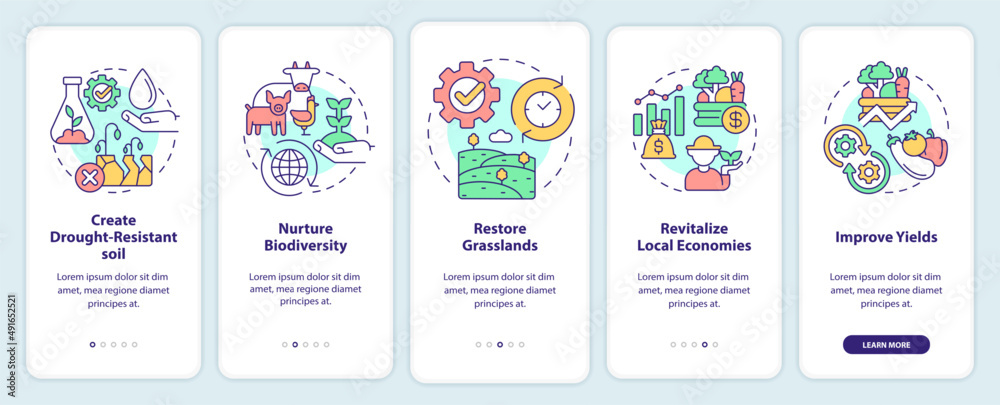 Shift to regenerative culture onboarding mobile app screen. Agriculture walkthrough 5 steps graphic instructions pages with linear concepts. UI, UX, GUI template. Myriad Pro-Bold, Regular fonts used Shift to regenerative culture onboarding mobile app screen. Agriculture walkthrough 5 steps graphic instructions pages with linear concepts. UI, UX, GUI template. Myriad Pro-Bold, Regular fonts used