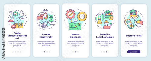 Shift to regenerative culture onboarding mobile app screen. Agriculture walkthrough 5 steps graphic instructions pages with linear concepts. UI, UX, GUI template. Myriad Pro-Bold, Regular fonts used