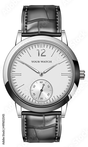 Realistic watch clock silver face grey arrow number with black leather strap on white design classic luxury vector