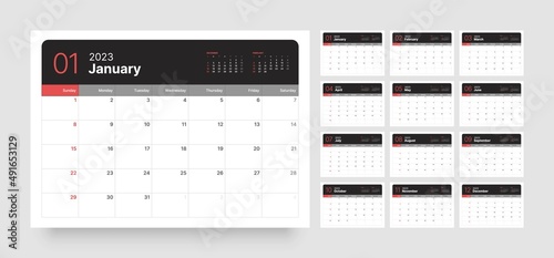 Monthly calendar template for 2023 year. Wall calendar in a minimalist style. Week Starts on Sunday.