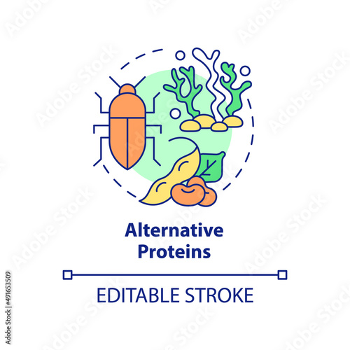 Alternative proteins concept icon. Food industry. Agricultural trends abstract idea thin line illustration. Isolated outline drawing. Editable stroke. Arial, Myriad Pro-Bold fonts used